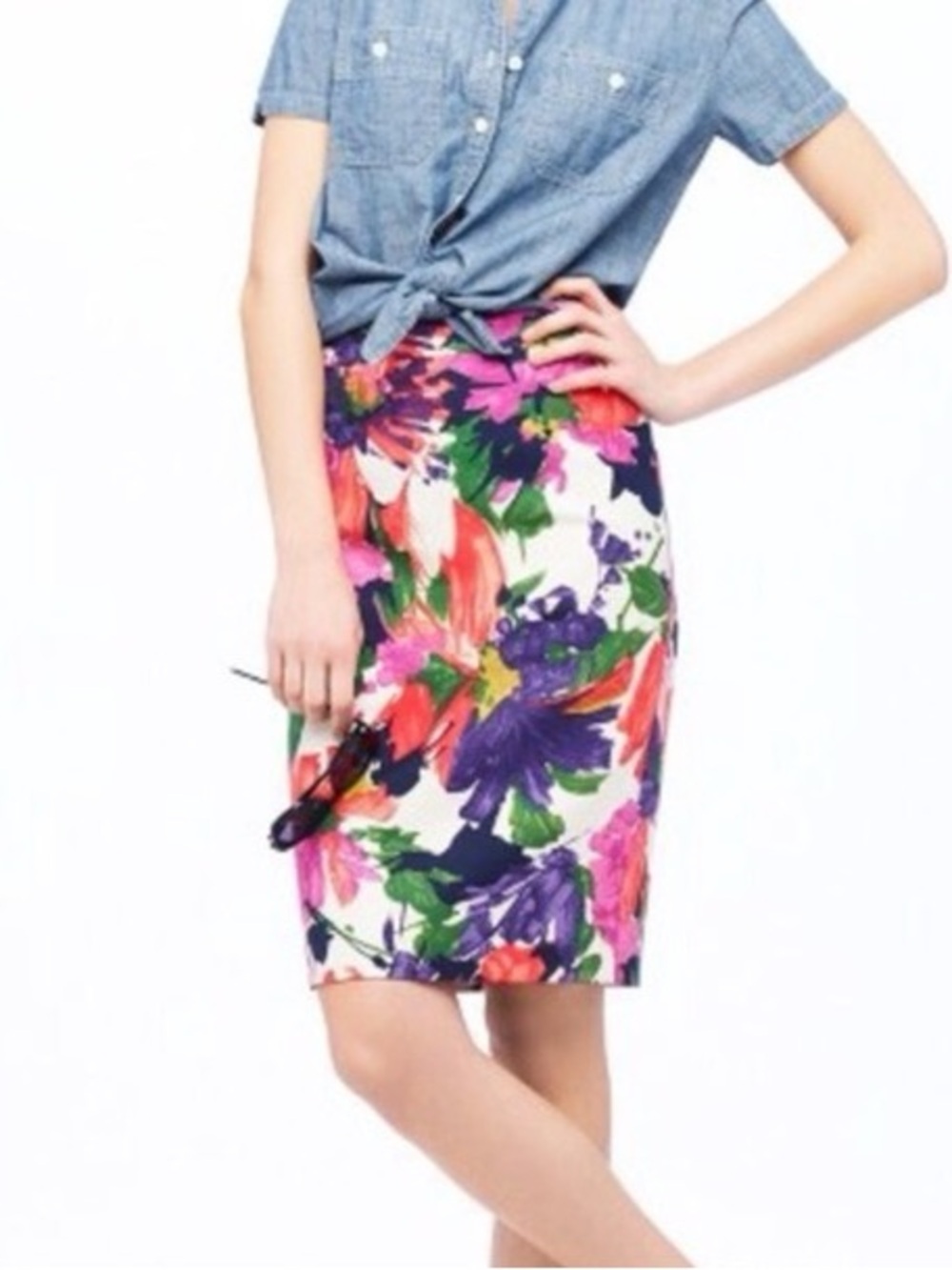 J. Crew Floral Pencil Skirt No.2 Size 0 Pink Purple Orange Green Botanical Print